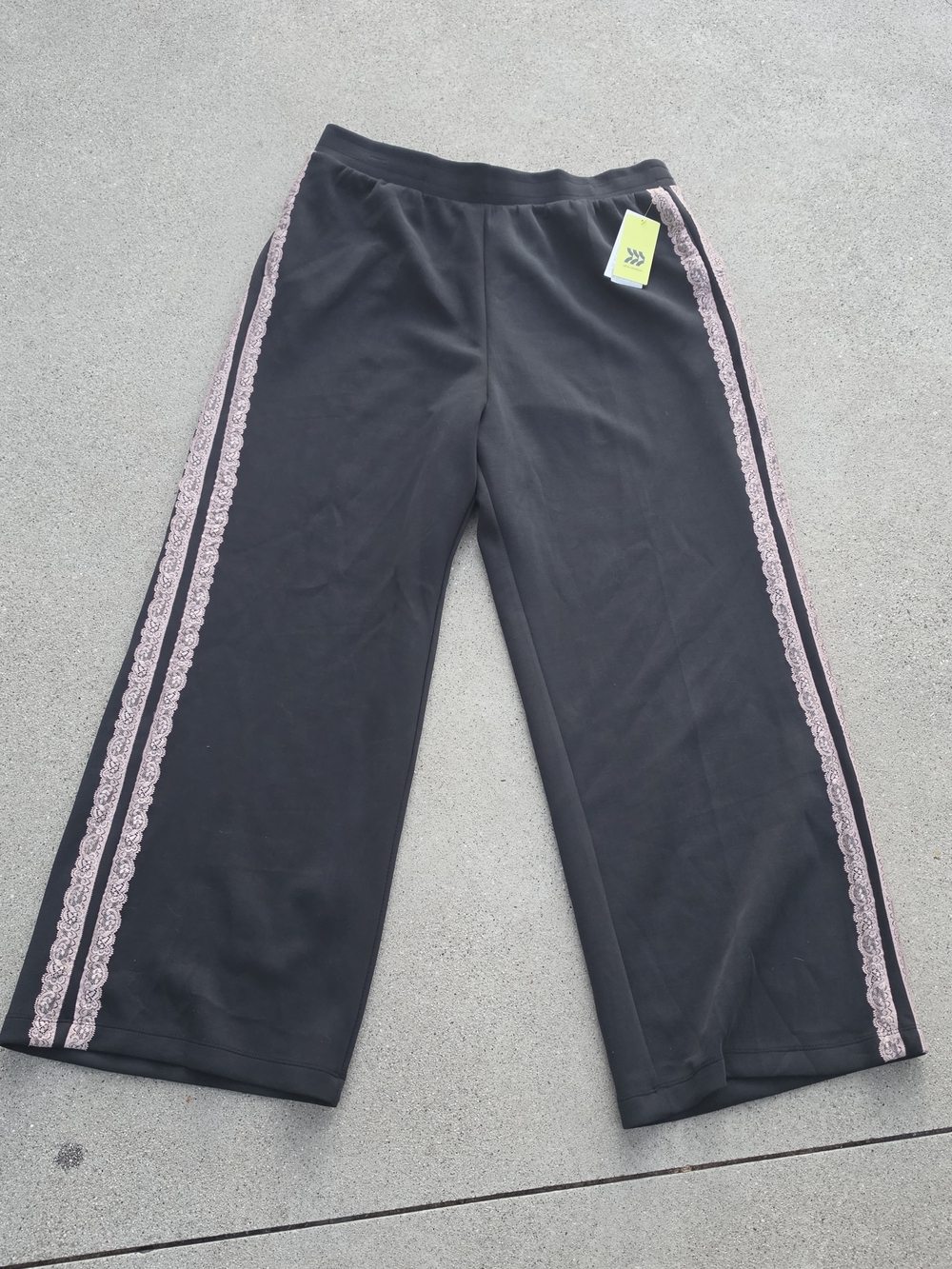 a new day Black Wide-Leg Track Pants with Pink Lace Trim